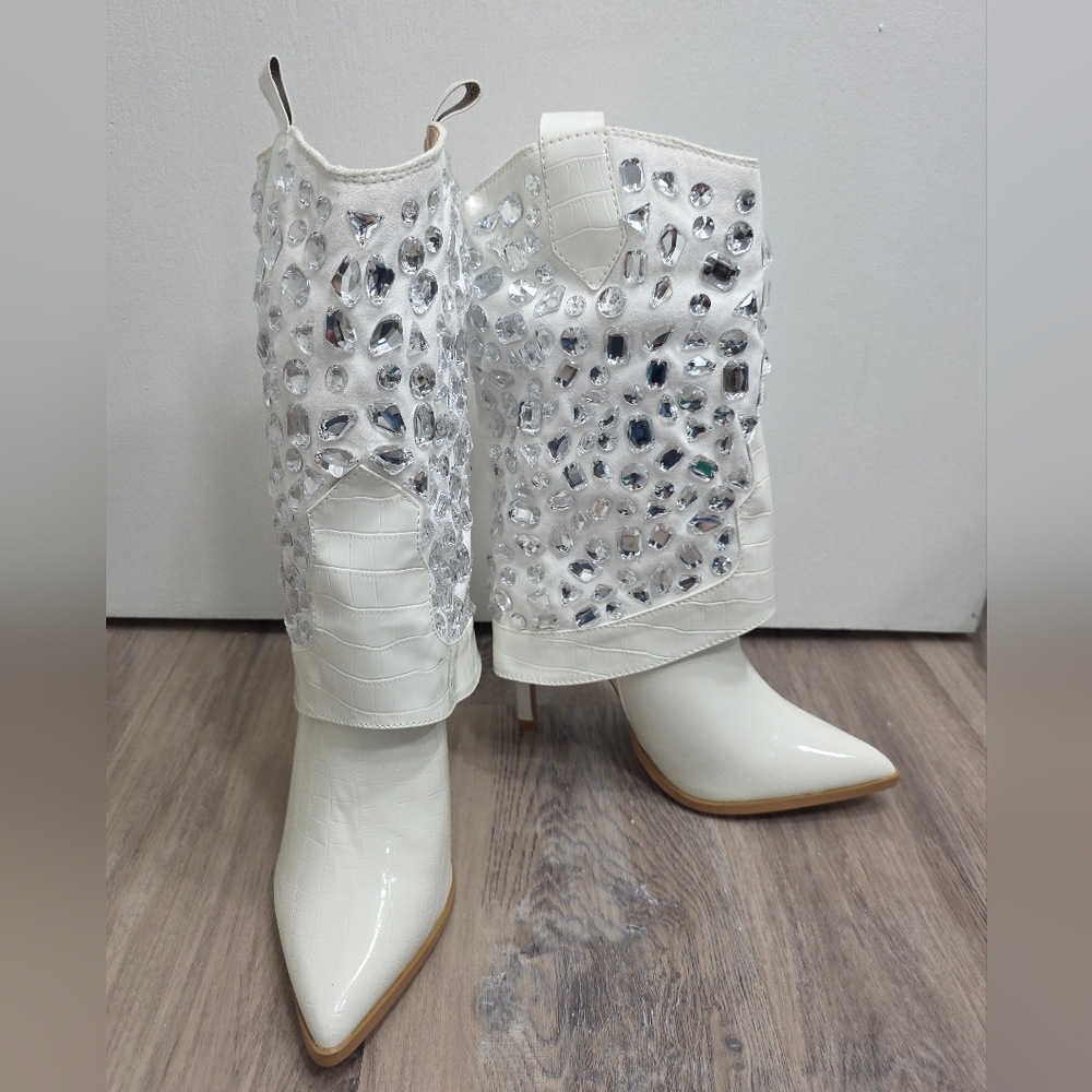 Lauren Lorraine Hana White Rhinestone Stiletto Cowboy Boot Size 8 - New In Box - Picture 1 of 12